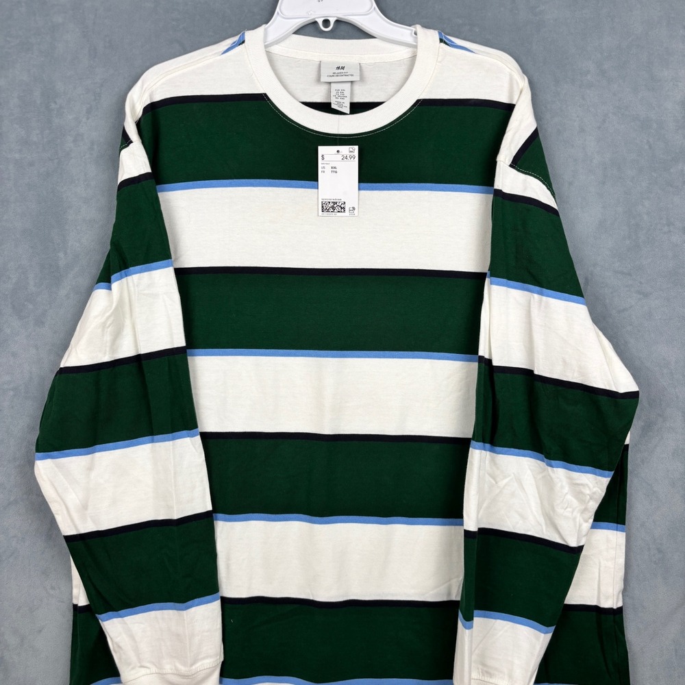 HM Relaxed Fit Striped Long Sleeve T-Shirt Green White Blue Mens XXL New
